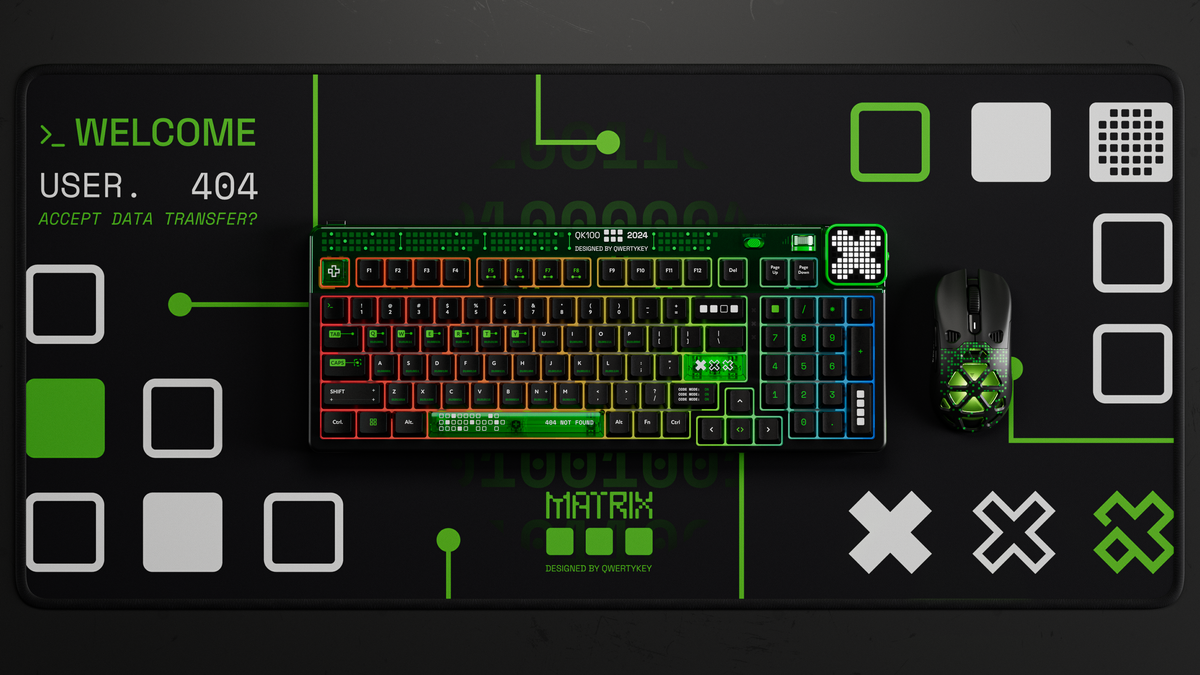 QwertyKey100 Matrix – vezeték nélküli mechanikus gamer billentyűzet pixelkijelzővel, hot-swap, Full RGB, gasket mount