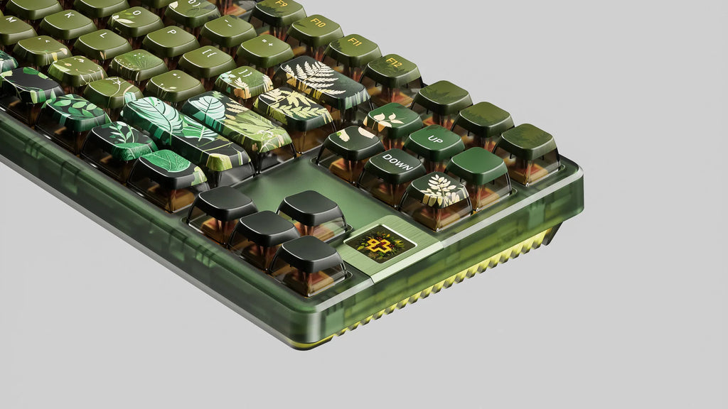 QwertyKey80 Leaf – vezeték nélküli mechanikus gamer billentyűzet kijelzővel, hot-swap, Full RGB, QMK/VIA, gasket mount