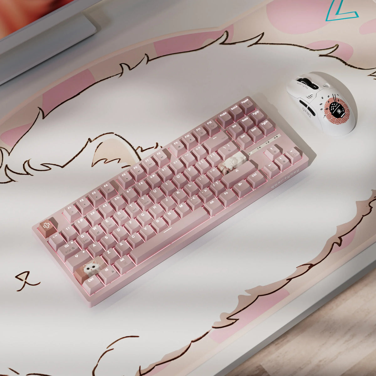 QwertyKey H87 Pink – vezeték nélküli mechanikus gamer billentyűzet, hot-swap, Full RGB