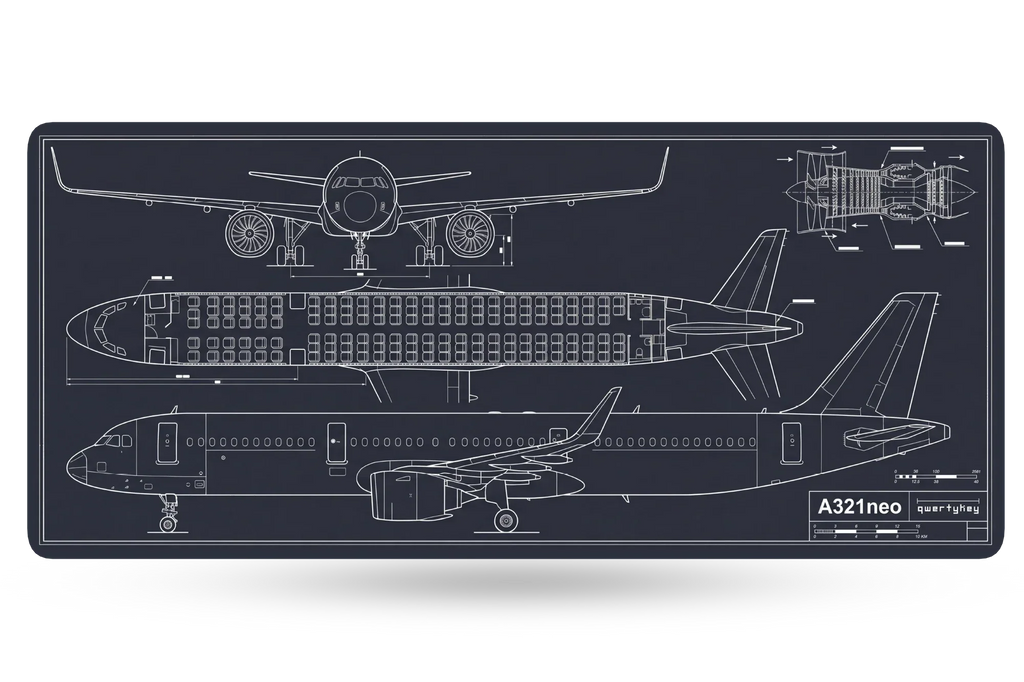 QwertyKey Plane Blueprint gamer asztali egérpad, vízálló, varrott szélek, 4 mm, csúszásmentes gumitalp