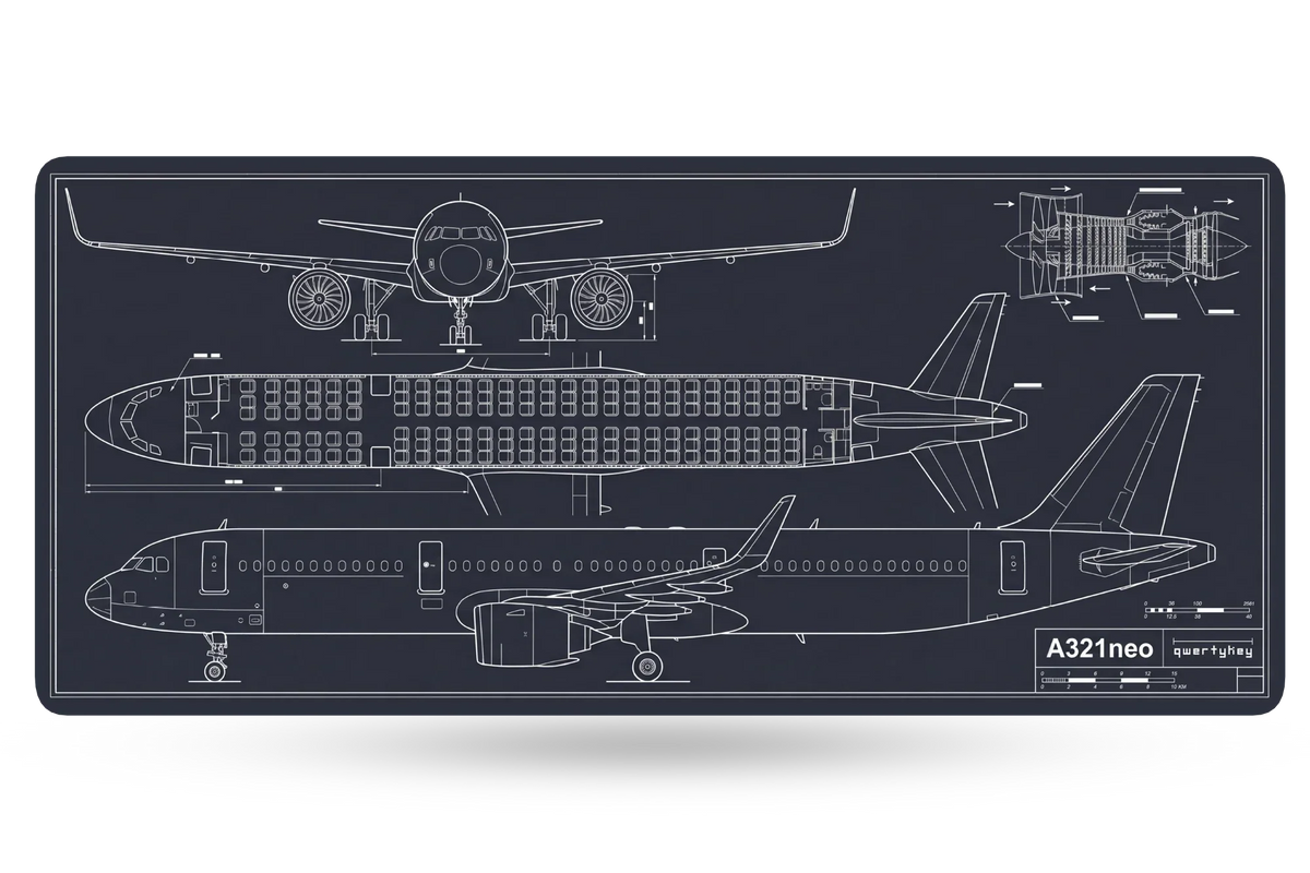 QwertyKey Plane Blueprint gamer asztali egérpad, vízálló, varrott szélek, 4 mm, csúszásmentes gumitalp