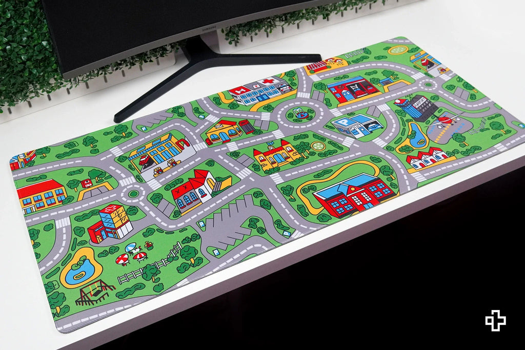 QwertyKey Nostalgia Busy Town gamer asztali egérpad, vízálló, varrott szélek, 4 mm, csúszásmentes gumitalp