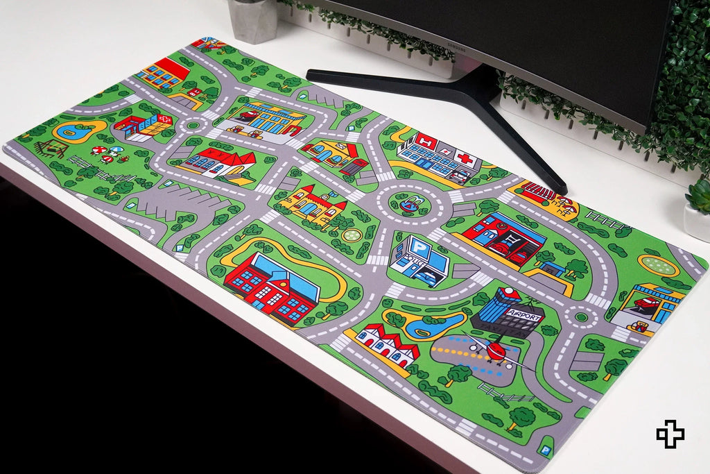 QwertyKey Nostalgia Busy Town gamer asztali egérpad, vízálló, varrott szélek, 4 mm, csúszásmentes gumitalp