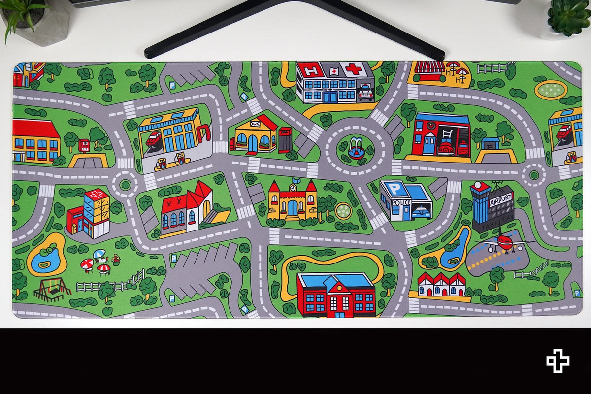 QwertyKey Nostalgia Busy Town gamer asztali egérpad, vízálló, varrott szélek, 4 mm, csúszásmentes gumitalp