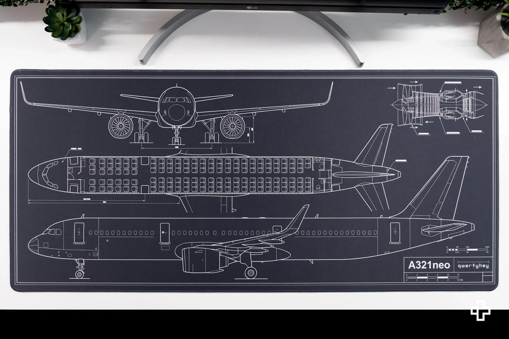 QwertyKey Plane Blueprint gamer asztali egérpad, vízálló, varrott szélek, 4 mm, csúszásmentes gumitalp