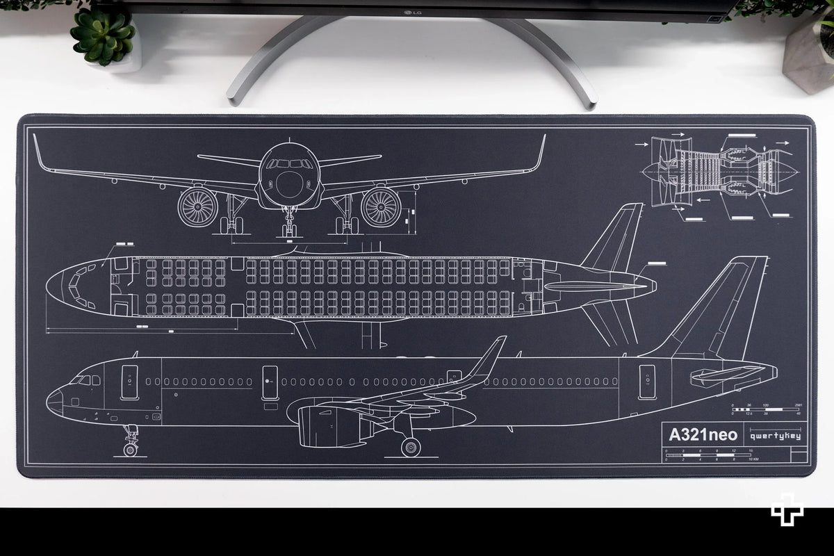 QwertyKey Plane Blueprint gamer asztali egérpad, vízálló, varrott szélek, 4 mm, csúszásmentes gumitalp