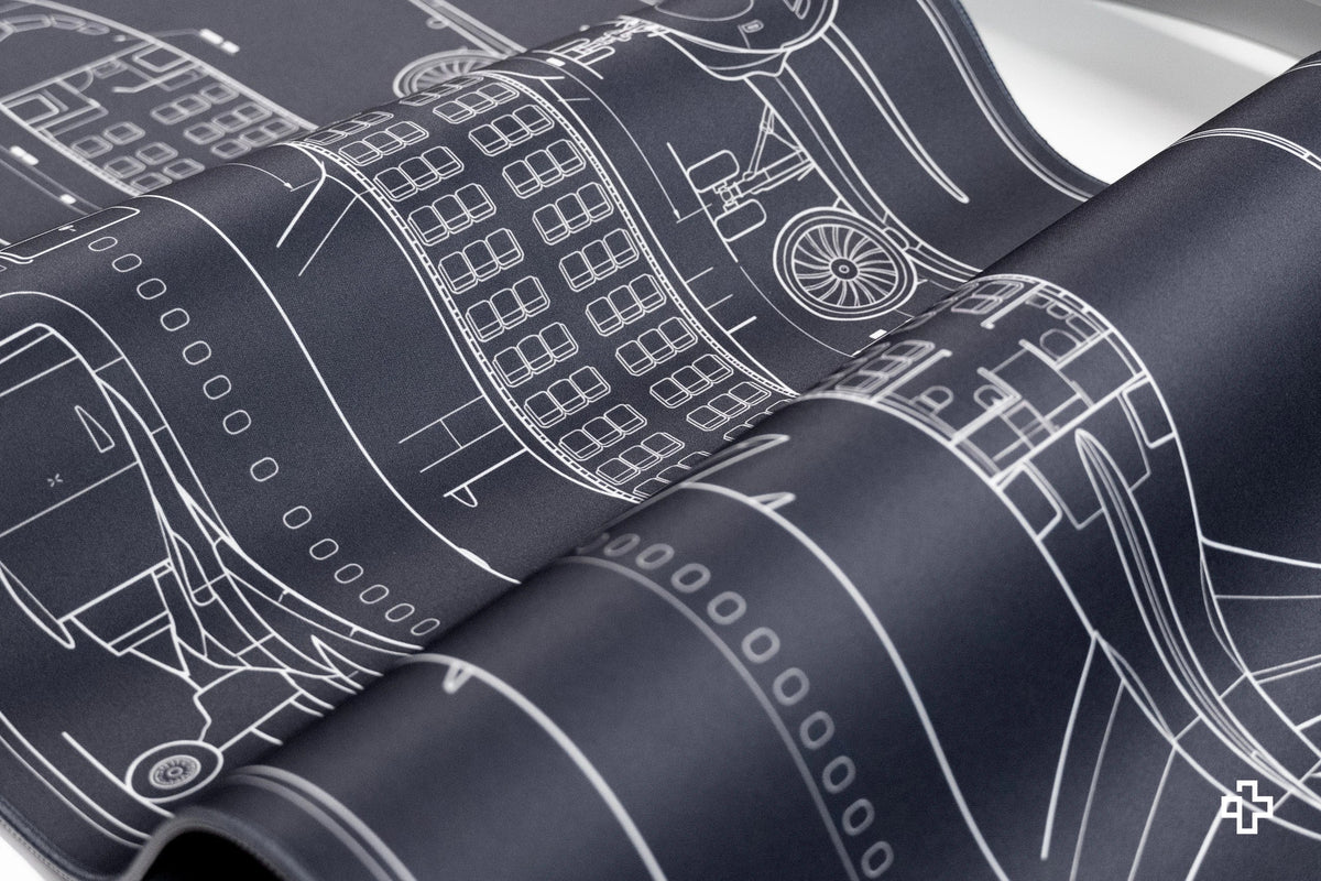 QwertyKey Plane Blueprint gamer asztali egérpad, vízálló, varrott szélek, 4 mm, csúszásmentes gumitalp