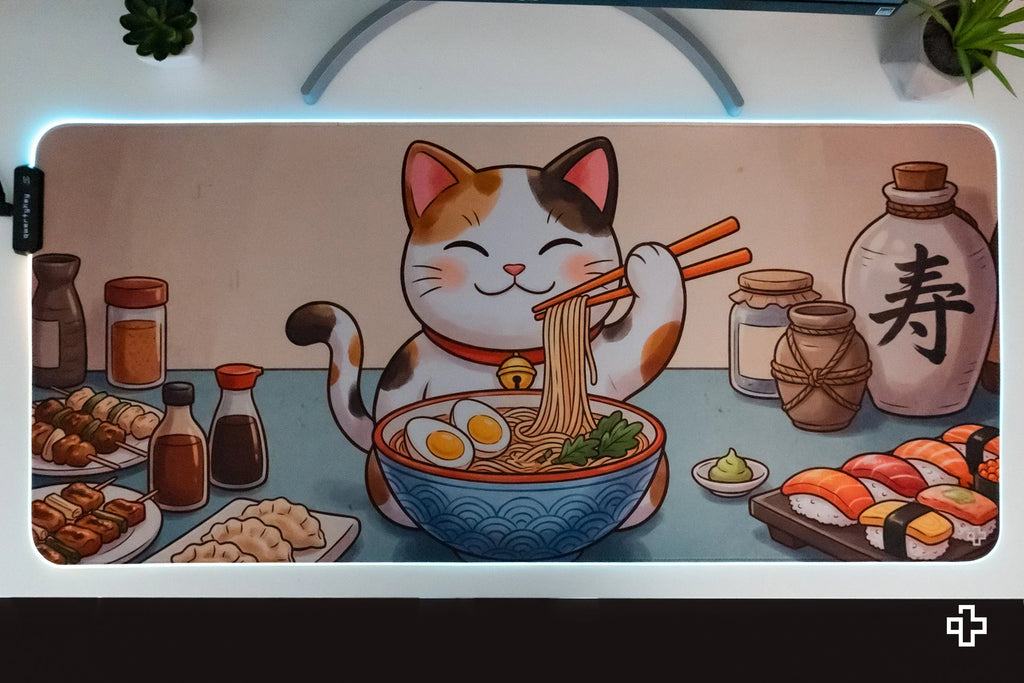 QwertyKey Lucky Neko Ramen RGB gamer asztali egérpad, vízálló, varrott szélek, 4 mm, csúszásmentes gumitalp