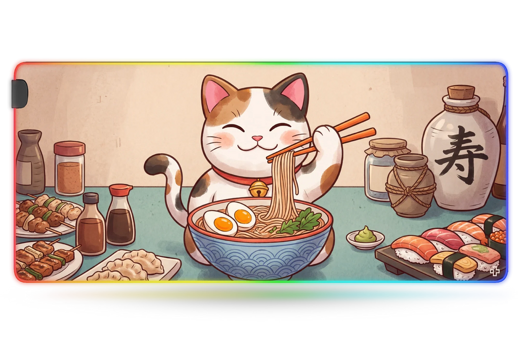 QwertyKey Lucky Neko Ramen RGB gamer asztali egérpad, vízálló, varrott szélek, 4 mm, csúszásmentes gumitalp