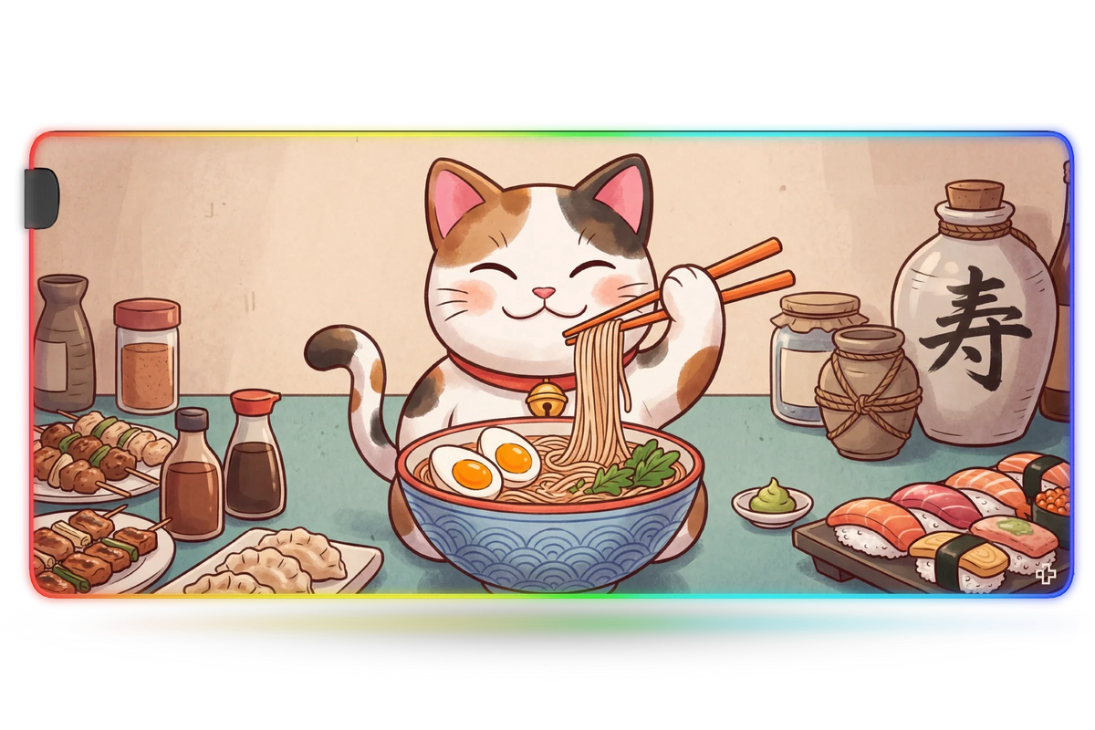 QwertyKey Lucky Neko Ramen RGB gamer asztali egérpad, vízálló, varrott szélek, 4 mm, csúszásmentes gumitalp