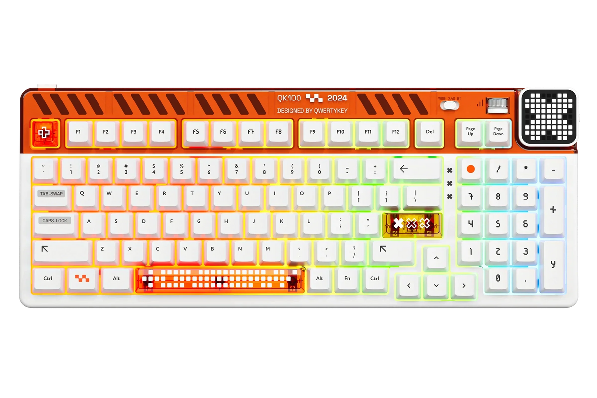QwertyKey100 Apex – vezeték nélküli mechanikus gamer billentyűzet pixelkijelzővel, hot-swap, Full RGB, gasket mount