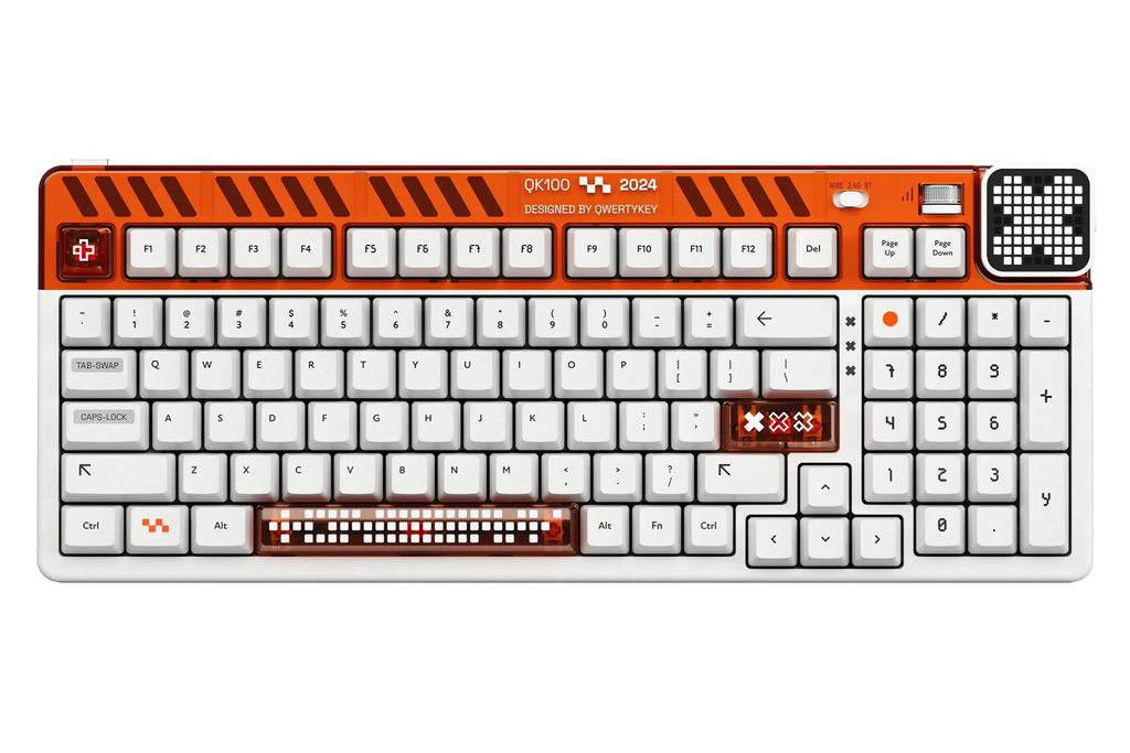 QwertyKey100 Apex – vezeték nélküli mechanikus gamer billentyűzet pixelkijelzővel, hot-swap, Full RGB, gasket mount