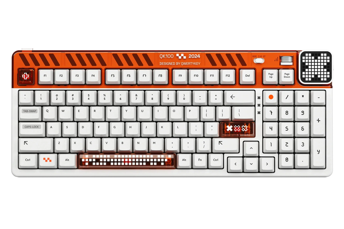 QwertyKey100 Apex – vezeték nélküli mechanikus gamer billentyűzet pixelkijelzővel, hot-swap, Full RGB, gasket mount