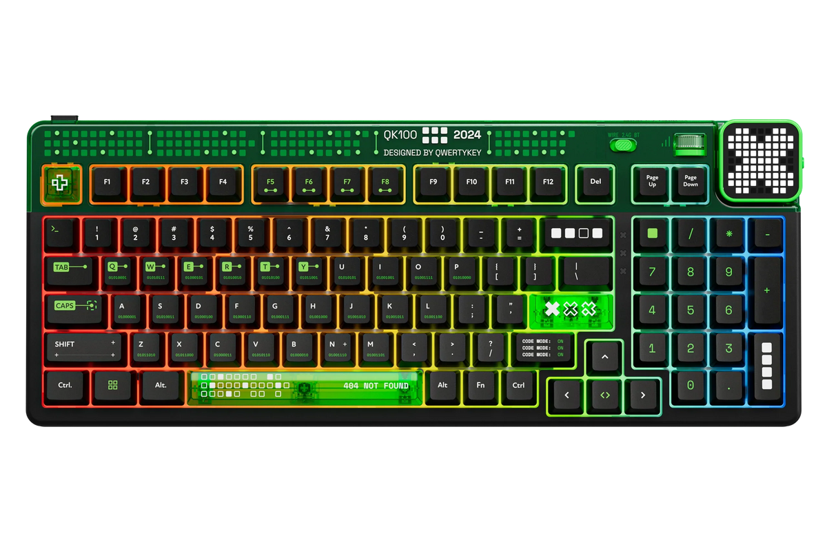 QwertyKey100 Matrix – vezeték nélküli mechanikus gamer billentyűzet pixelkijelzővel, hot-swap, Full RGB, gasket mount
